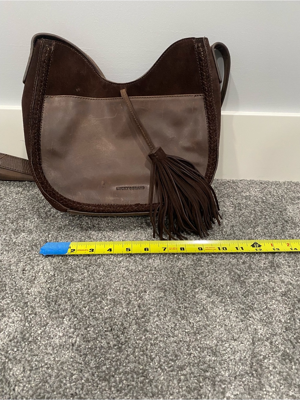 Lucky Brand Dark Brown Suede Leather Crossbody Bag Hobo Purse Leather Tassel - Picture 9 of 10